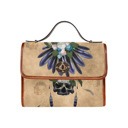 Cool skull with feathers and flowers Waterproof Canvas Bag/All Over Print (Model 1641)
