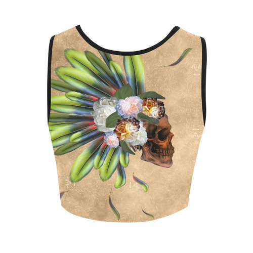 Amazing skull with feathers and flowers Women's Crop Top (Model T42)