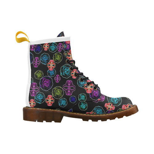 skull art portrait and roses in pink purple blue yellow with black background High Grade PU Leather Martin Boots For Women Model 402H
