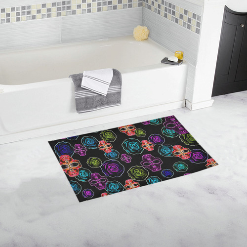 skull art portrait and roses in pink purple blue yellow with black background Bath Rug 16''x 28''