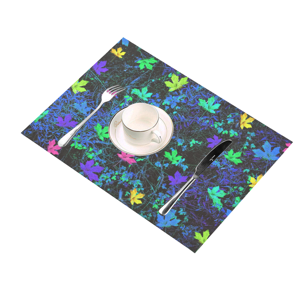 maple leaf in pink green purple blue yellow with blue creepers plants background Placemat 14’’ x 19’’ (Set of 6)