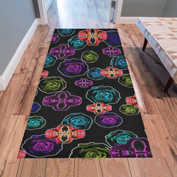 skull art portrait and roses in pink purple blue yellow with black background Area Rug 7'x3'3''