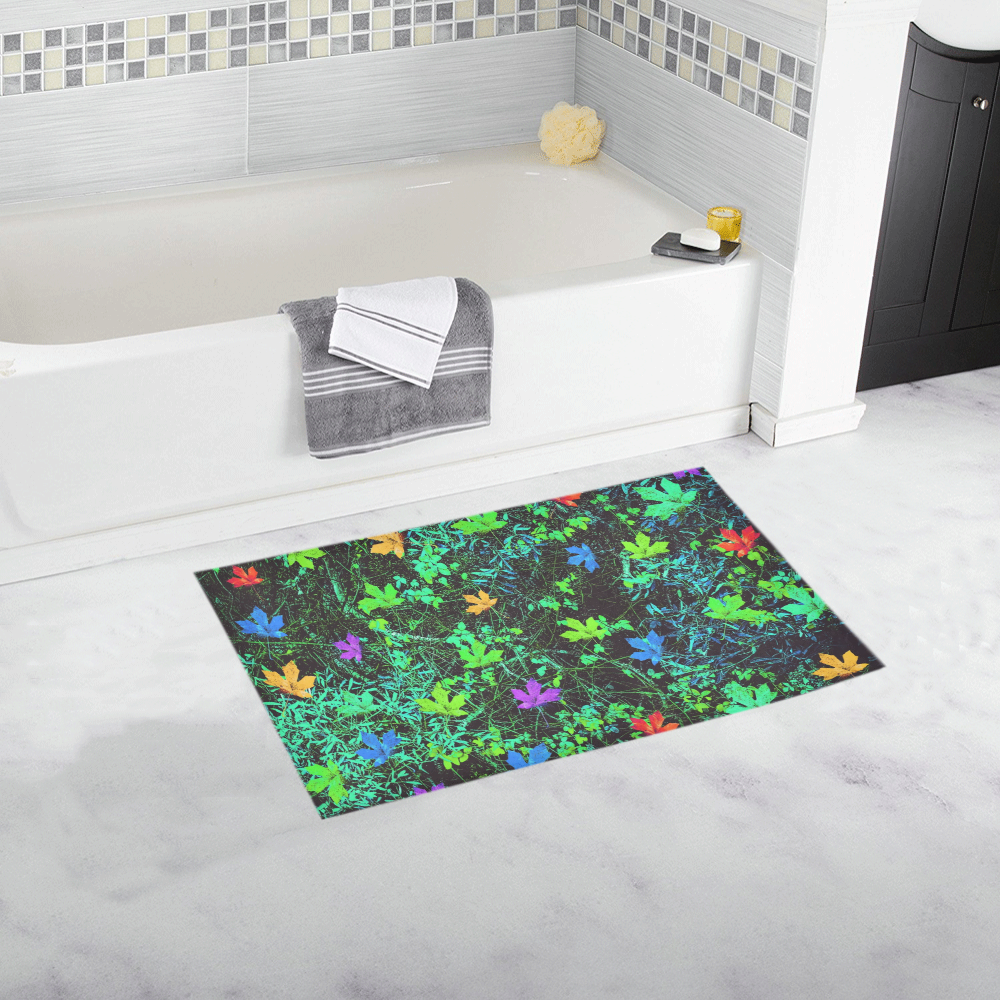 maple leaf in pink blue green yellow orange with green creepers plants background Bath Rug 16''x 28''