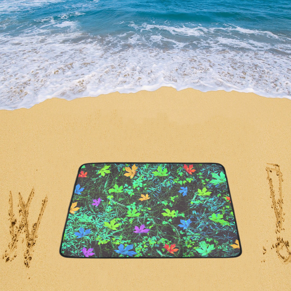 maple leaf in pink blue green yellow orange with green creepers plants background Beach Mat 78"x 60"