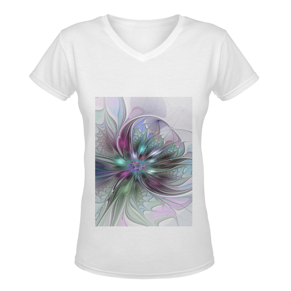 Colorful Fantasy Abstract Modern Fractal Flower Women's Deep V-neck T-shirt (Model T19)