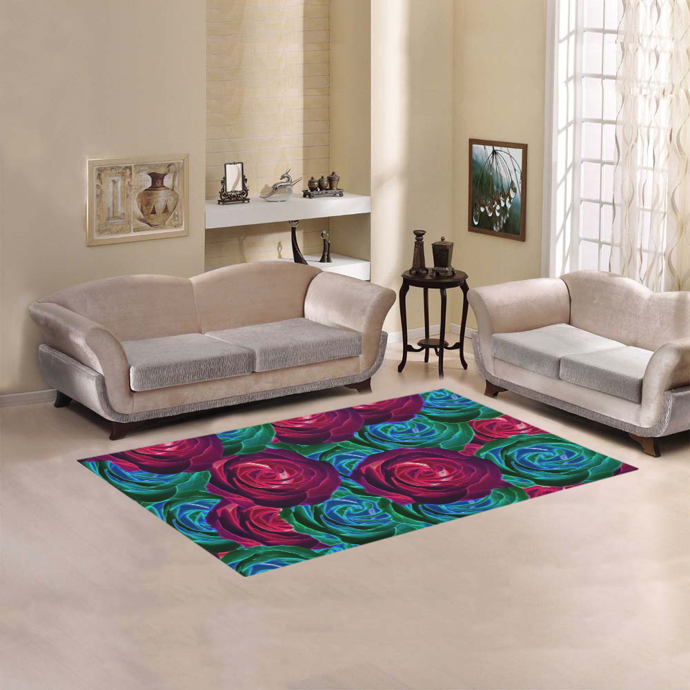 closeup blooming roses in red blue and green Area Rug 5'x3'3''