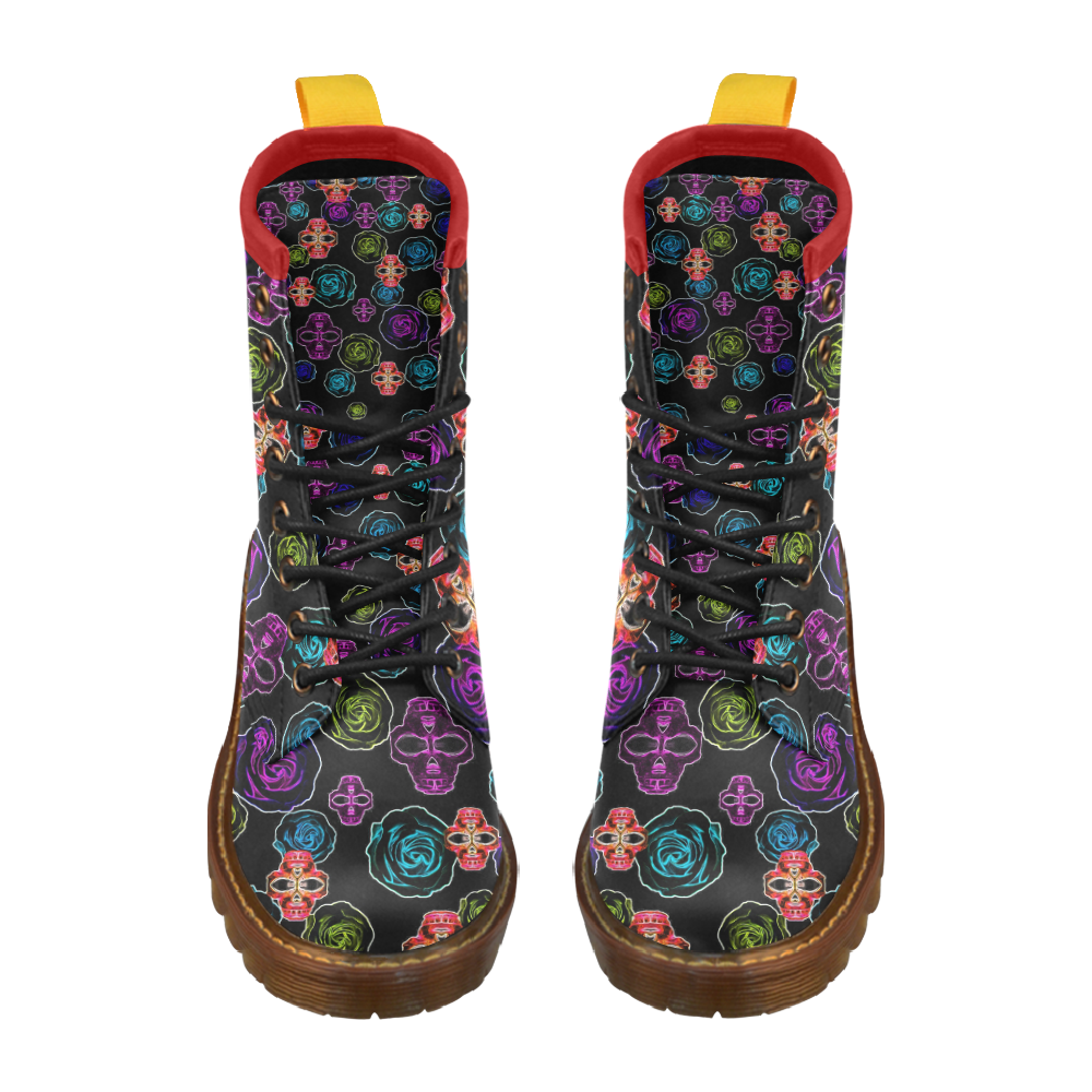 skull art portrait and roses in pink purple blue yellow with black background High Grade PU Leather Martin Boots For Women Model 402H