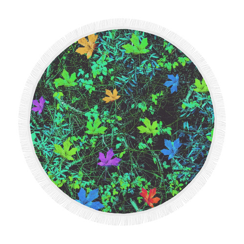 maple leaf in pink blue green yellow orange with green creepers plants background Circular Beach Shawl 59"x 59"