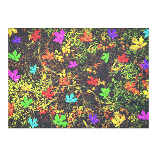 maple leaf in blue red green yellow pink orange with green creepers plants background Cotton Linen Tablecloth 60"x 84"