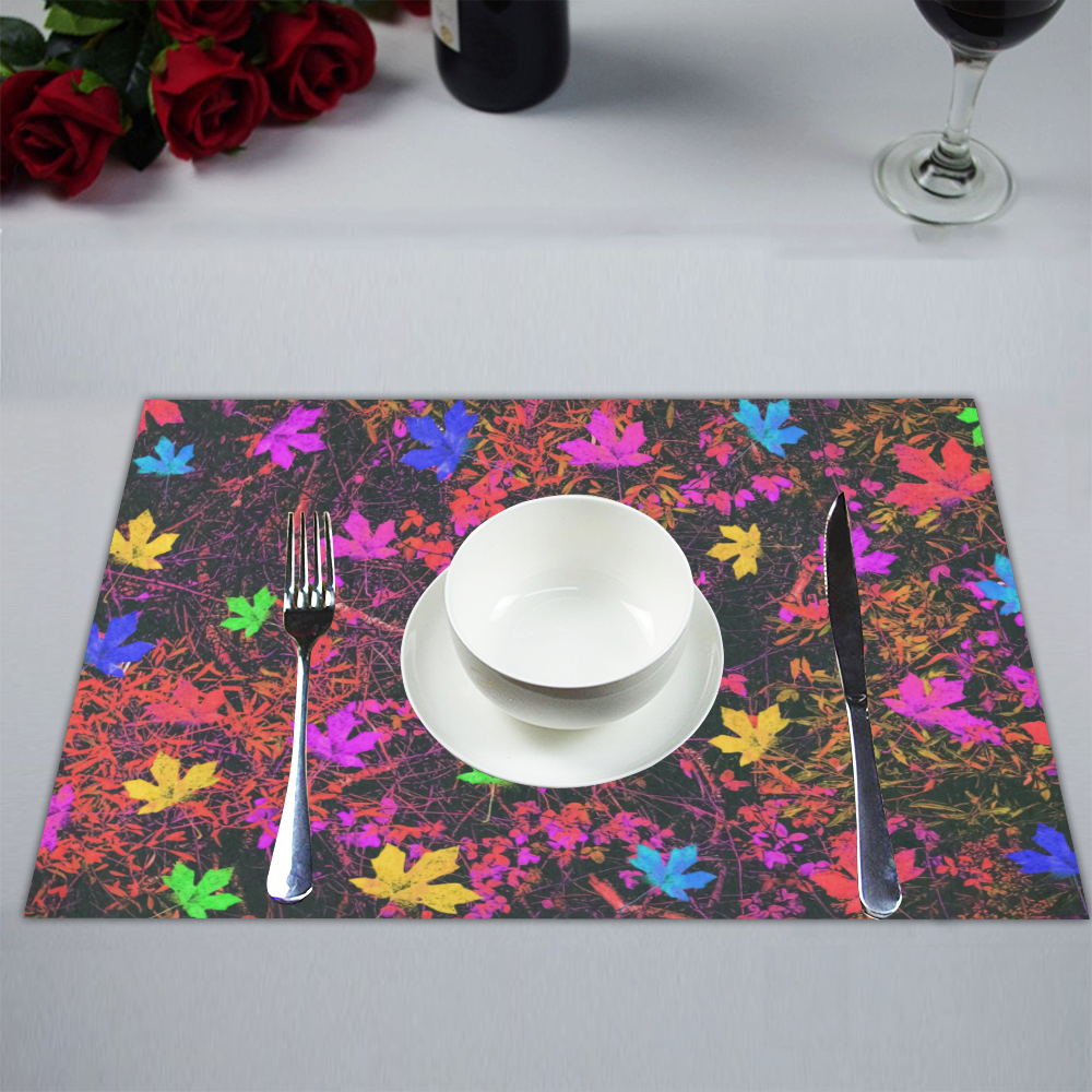 maple leaf in yellow green pink blue red with red and orange creepers plants background Placemat 14’’ x 19’’ (Set of 4)