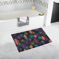 skull art portrait and roses in pink purple blue yellow with black background Bath Rug 20''x 32''