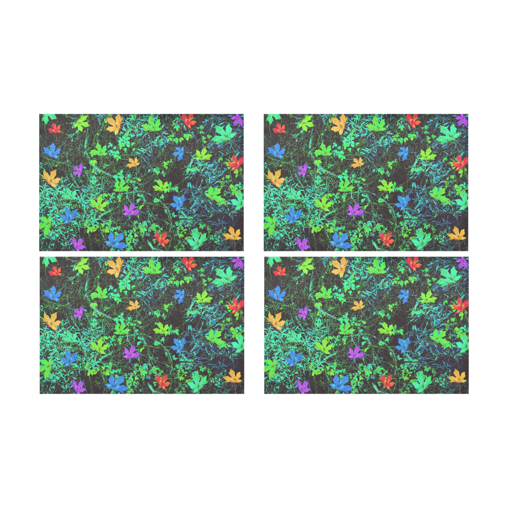 maple leaf in pink blue green yellow orange with green creepers plants background Placemat 12’’ x 18’’ (Set of 4)