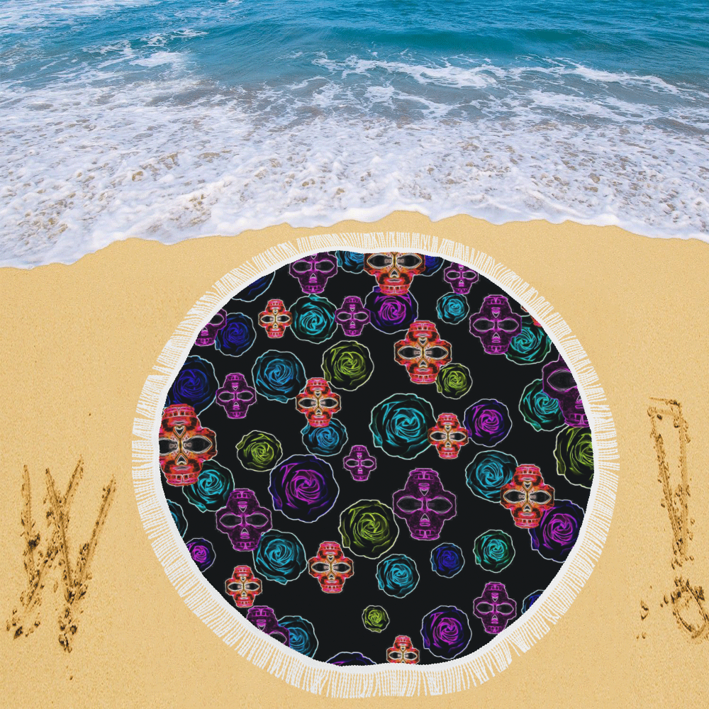skull art portrait and roses in pink purple blue yellow with black background Circular Beach Shawl 59"x 59"
