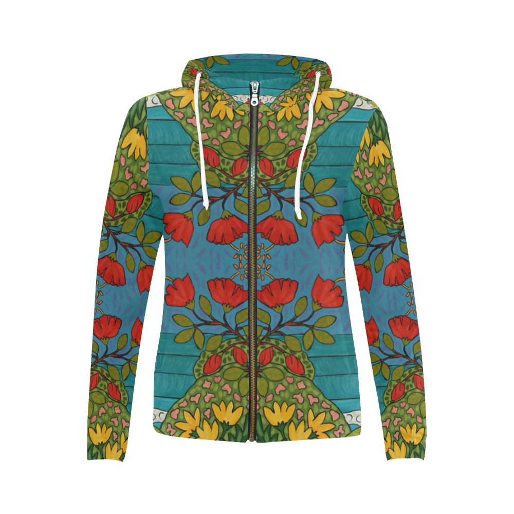 Red Hibiscus All Over Print Full Zip Hoodie for Women (Model H14)