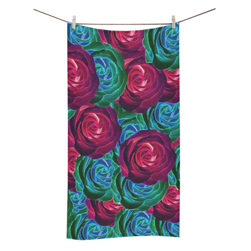 closeup blooming roses in red blue and green Bath Towel 30"x56"