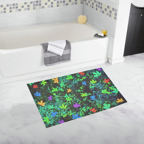 maple leaf in pink blue green yellow orange with green creepers plants background Bath Rug 20''x 32''