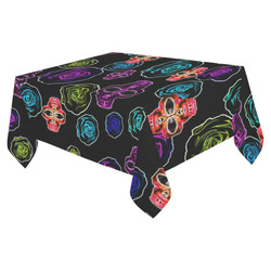 skull art portrait and roses in pink purple blue yellow with black background Cotton Linen Tablecloth 52"x 70"