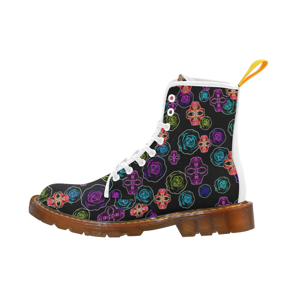 skull art portrait and roses in pink purple blue yellow with black background Martin Boots For Women Model 1203H