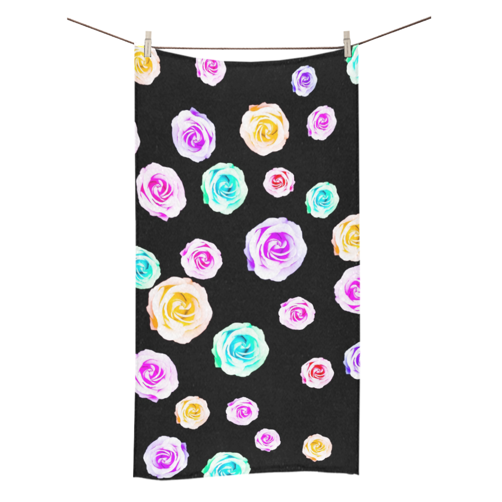 colorful roses in pink purple green yellow with black background Bath Towel 30"x56"