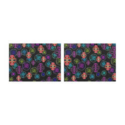 skull art portrait and roses in pink purple blue yellow with black background Placemat 14’’ x 19’’ (Set of 2)