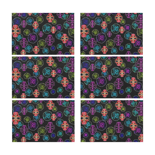 skull art portrait and roses in pink purple blue yellow with black background Placemat 12’’ x 18’’ (Set of 6)