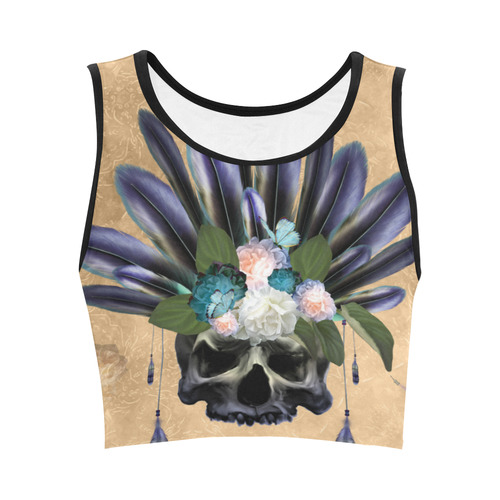 Cool skull with feathers and flowers Women's Crop Top (Model T42)