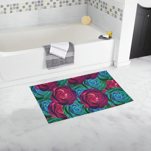 closeup blooming roses in red blue and green Bath Rug 16''x 28''