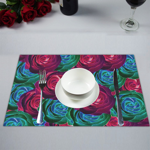 closeup blooming roses in red blue and green Placemat 14’’ x 19’’ (Set of 6)