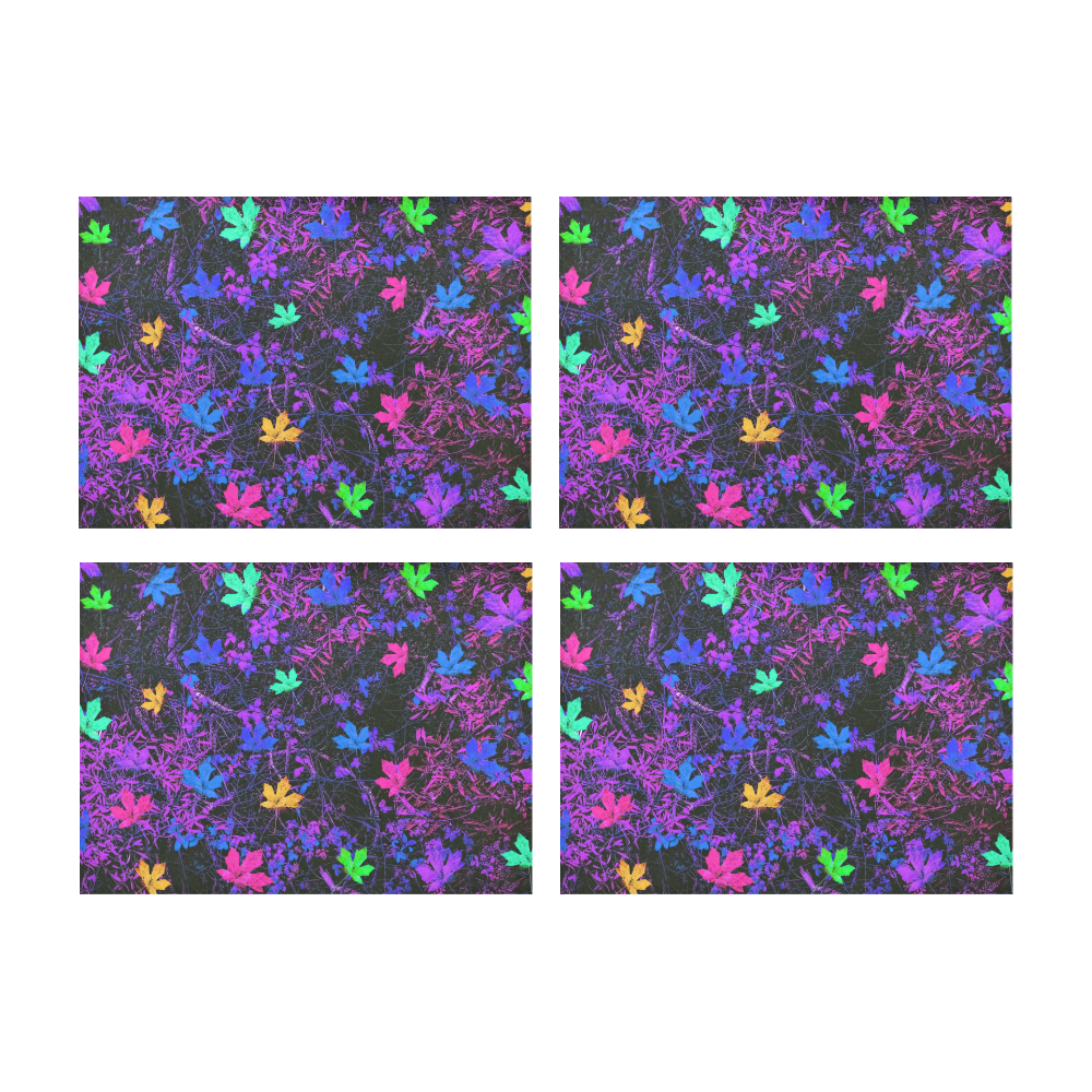 maple leaf in pink blue green yellow purple with pink and purple creepers plants background Placemat 14’’ x 19’’ (Set of 4)