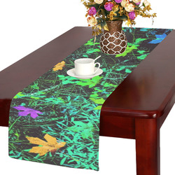 maple leaf in pink blue green yellow orange with green creepers plants background Table Runner 14x72 inch