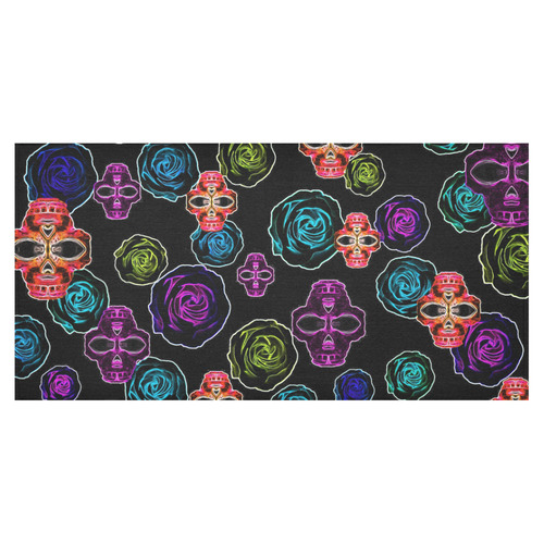 skull art portrait and roses in pink purple blue yellow with black background Cotton Linen Tablecloth 60"x120"