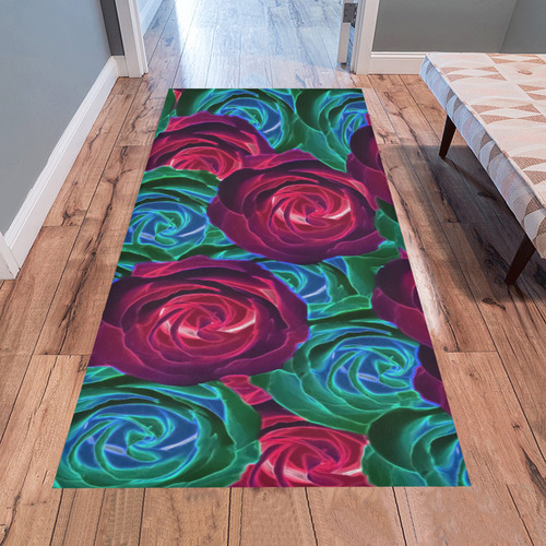 closeup blooming roses in red blue and green Area Rug 7'x3'3''