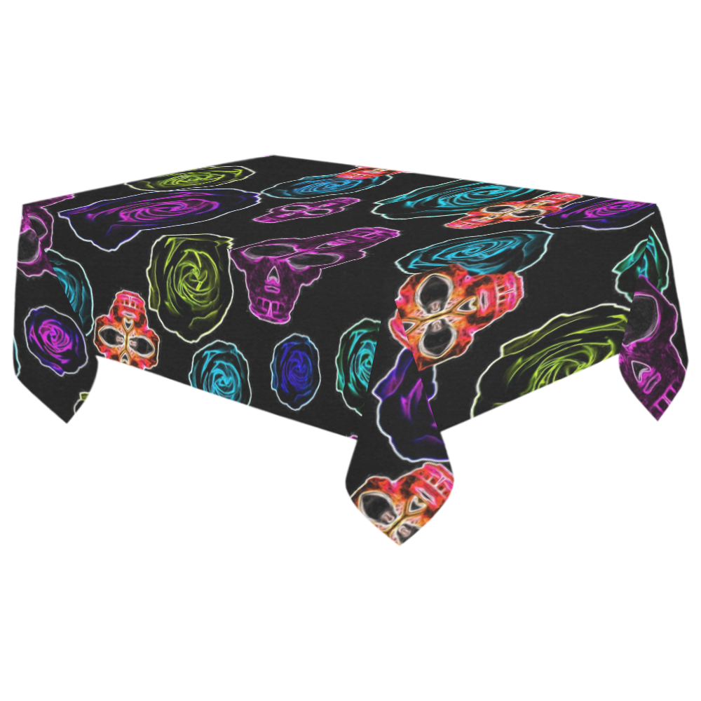 skull art portrait and roses in pink purple blue yellow with black background Cotton Linen Tablecloth 60"x 104"