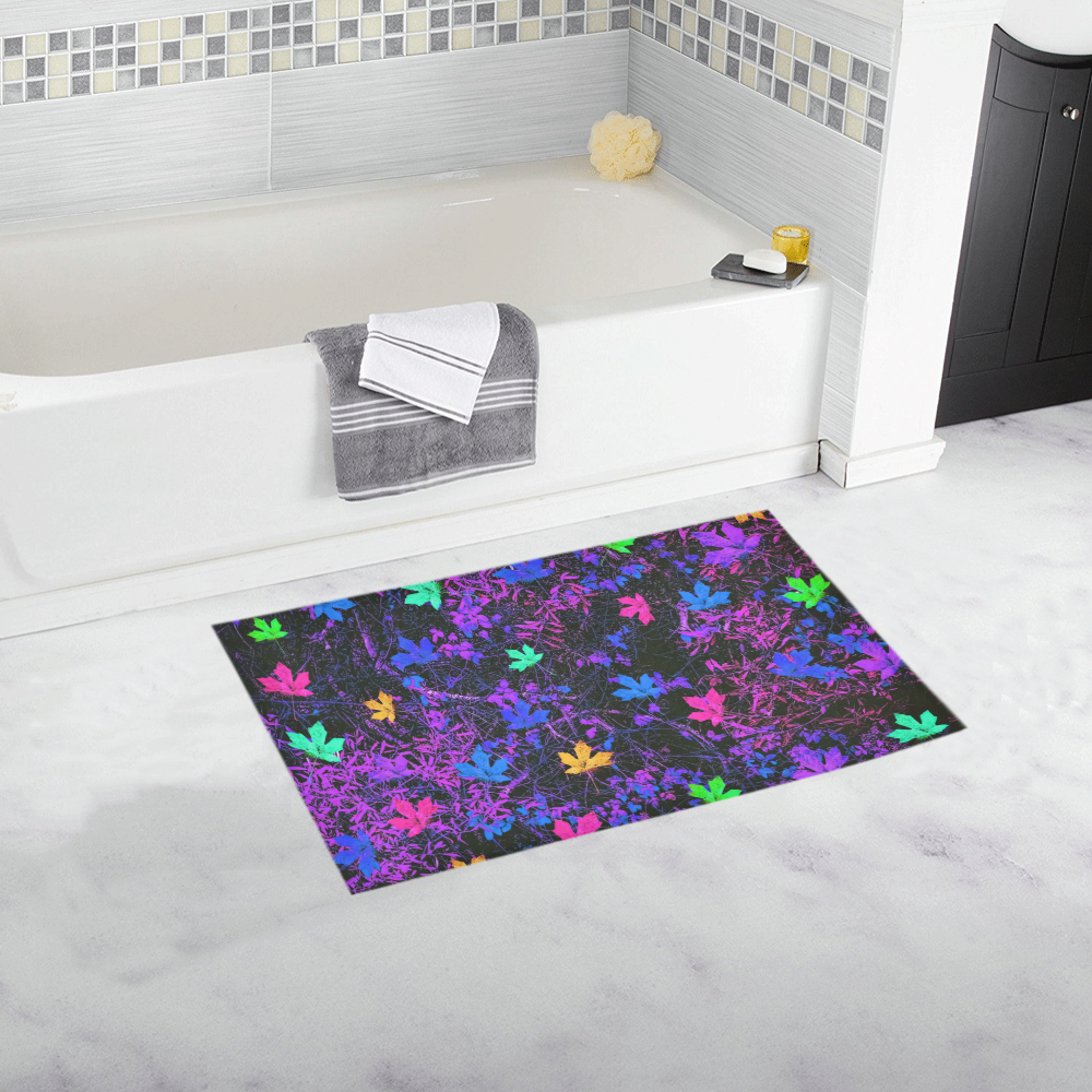 maple leaf in pink blue green yellow purple with pink and purple creepers plants background Bath Rug 16''x 28''