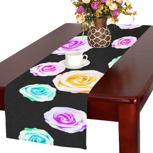 colorful roses in pink purple green yellow with black background Table Runner 16x72 inch