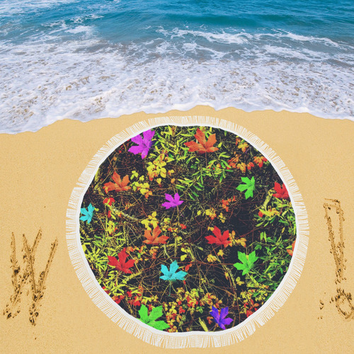 maple leaf in blue red green yellow pink orange with green creepers plants background Circular Beach Shawl 59"x 59"