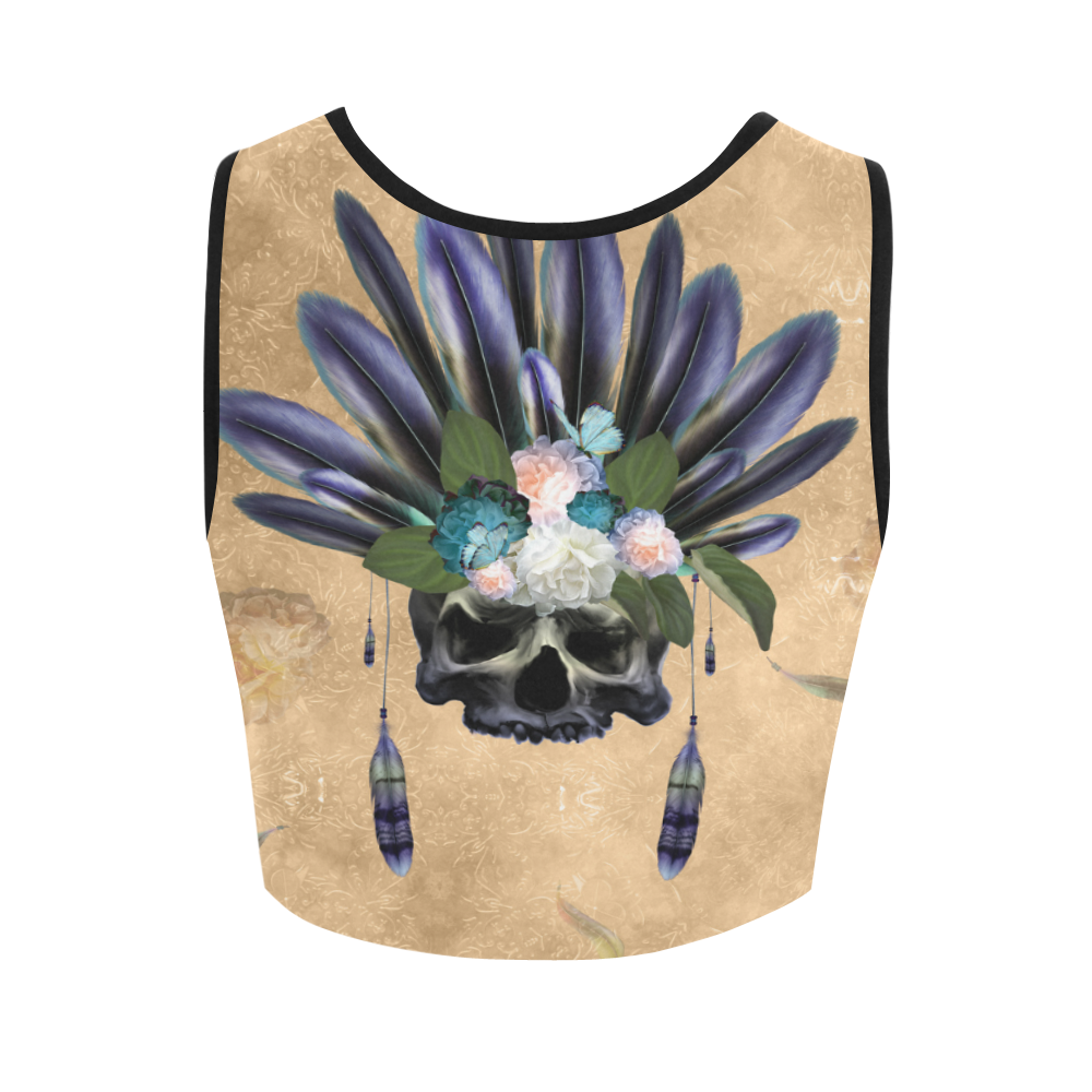 Cool skull with feathers and flowers Women's Crop Top (Model T42)