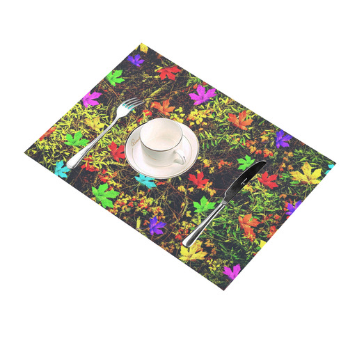 maple leaf in blue red green yellow pink orange with green creepers plants background Placemat 14’’ x 19’’ (Set of 2)