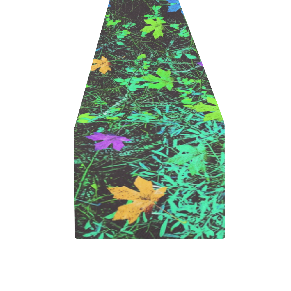 maple leaf in pink blue green yellow orange with green creepers plants background Table Runner 16x72 inch