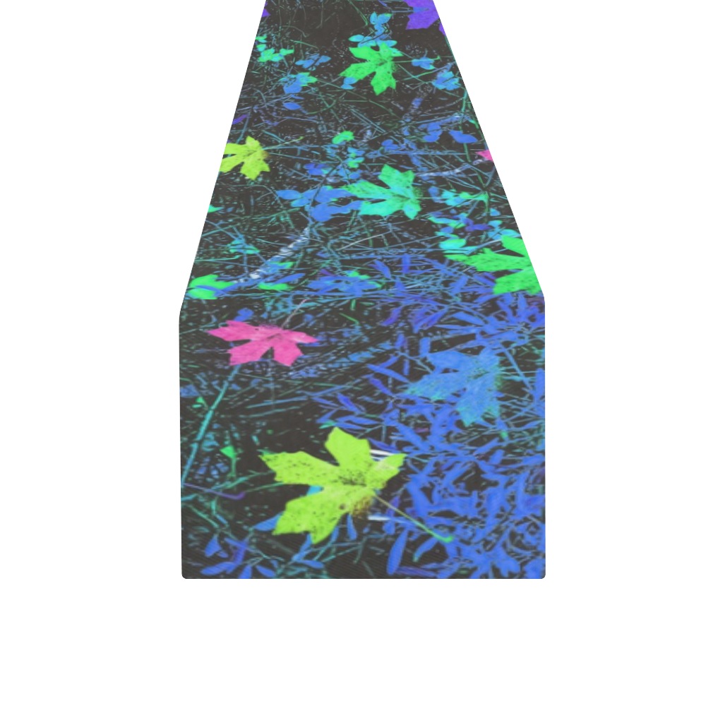 maple leaf in pink green purple blue yellow with blue creepers plants background Table Runner 16x72 inch