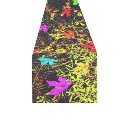 maple leaf in blue red green yellow pink orange with green creepers plants background Table Runner 16x72 inch