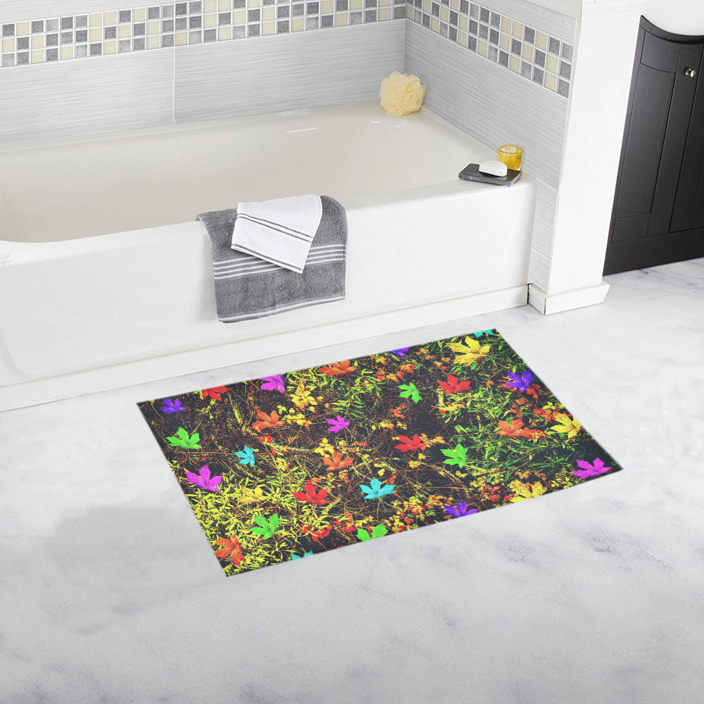 maple leaf in blue red green yellow pink orange with green creepers plants background Bath Rug 16''x 28''