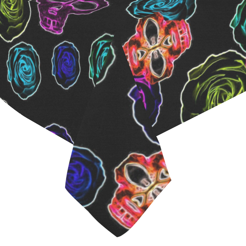 skull art portrait and roses in pink purple blue yellow with black background Cotton Linen Tablecloth 60"x 84"