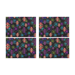 skull art portrait and roses in pink purple blue yellow with black background Placemat 12’’ x 18’’ (Set of 4)