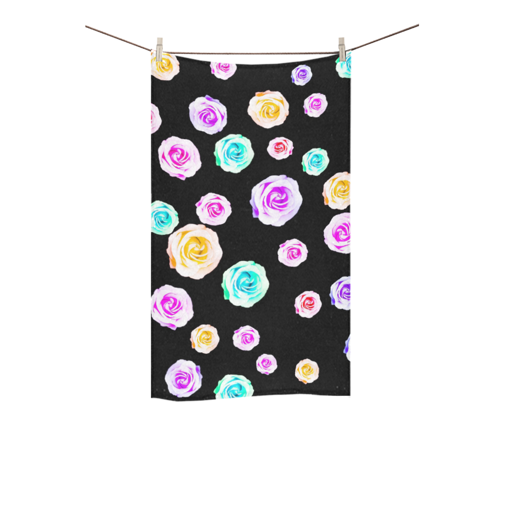 colorful roses in pink purple green yellow with black background Custom Towel 16"x28"
