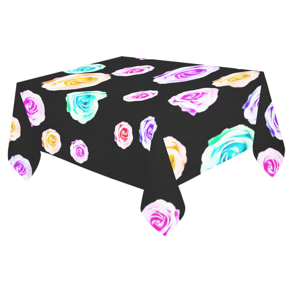 colorful roses in pink purple green yellow with black background Cotton Linen Tablecloth 52"x 70"