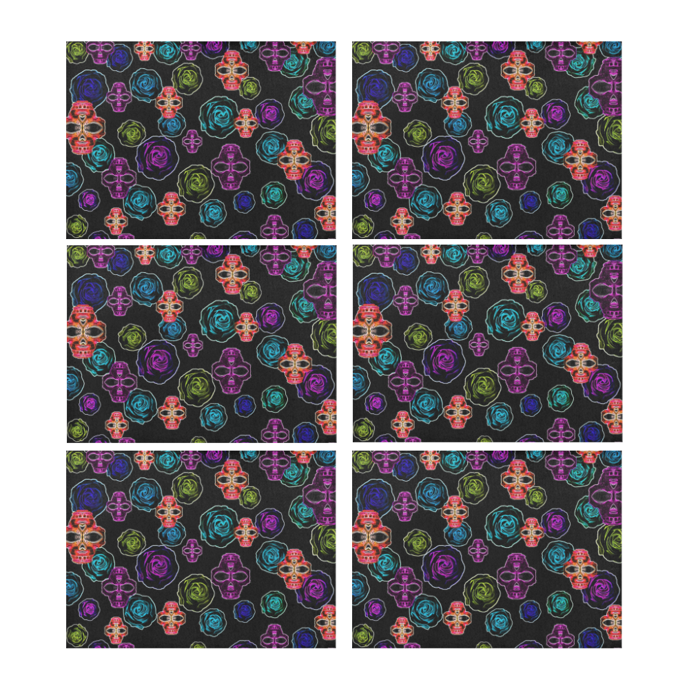 skull art portrait and roses in pink purple blue yellow with black background Placemat 14’’ x 19’’ (Set of 6)