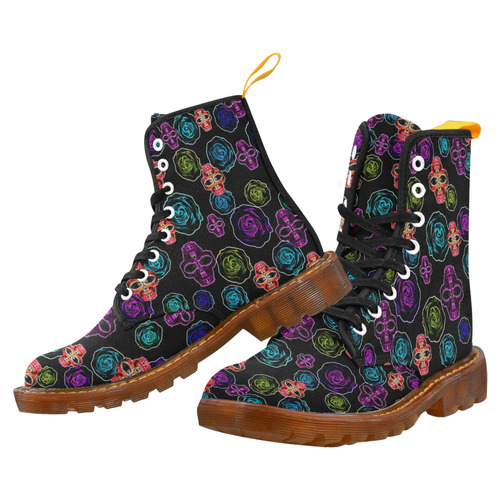 skull art portrait and roses in pink purple blue yellow with black background Martin Boots For Men Model 1203H