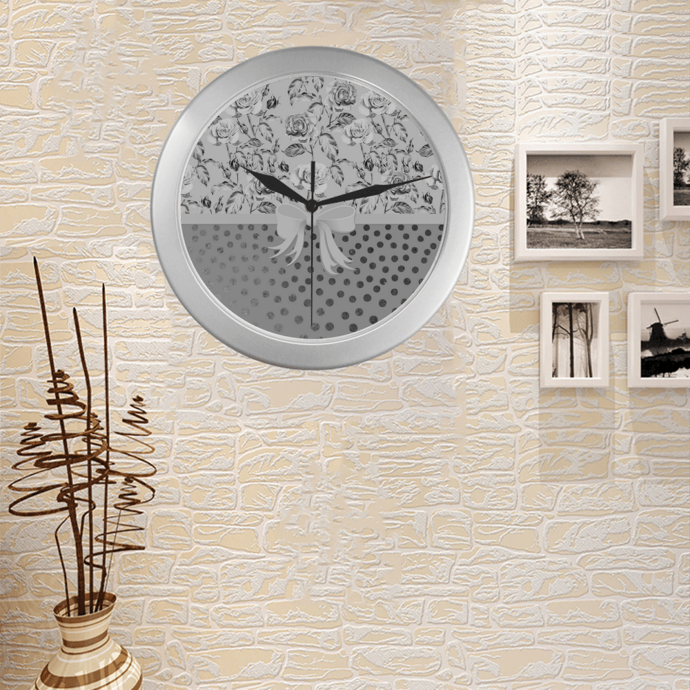Vintage Roses Polka Dots Ribbon - Grey Silver Silver Color Wall Clock