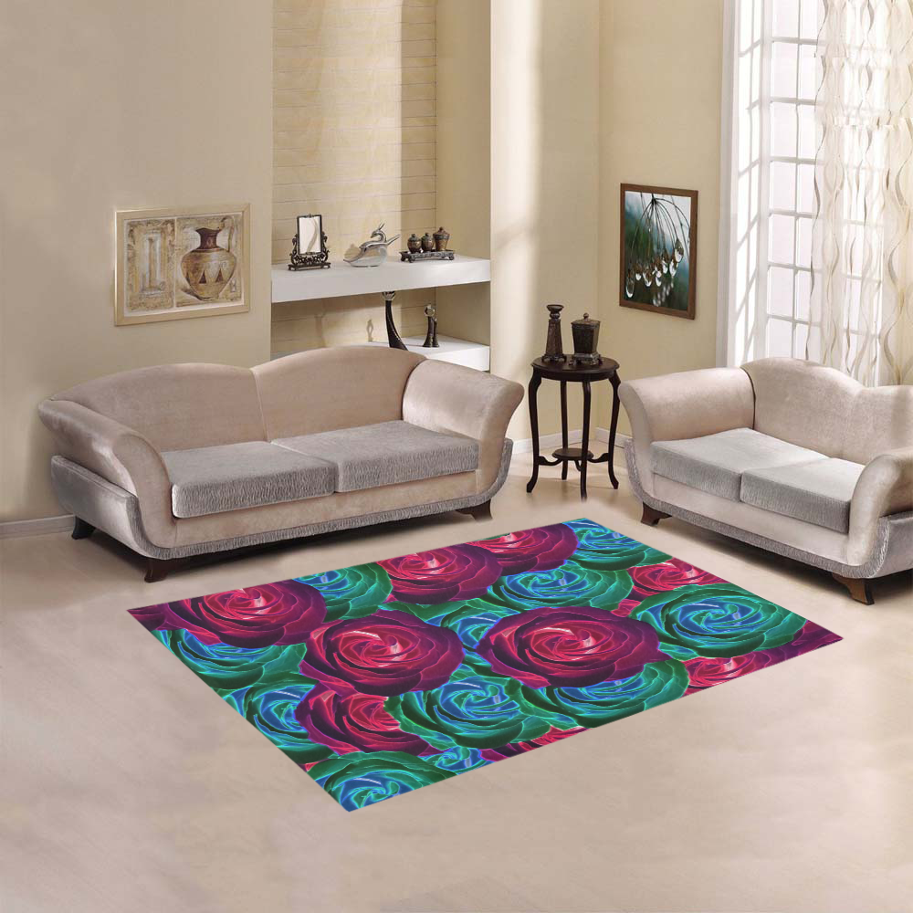 closeup blooming roses in red blue and green Area Rug 5'3''x4'